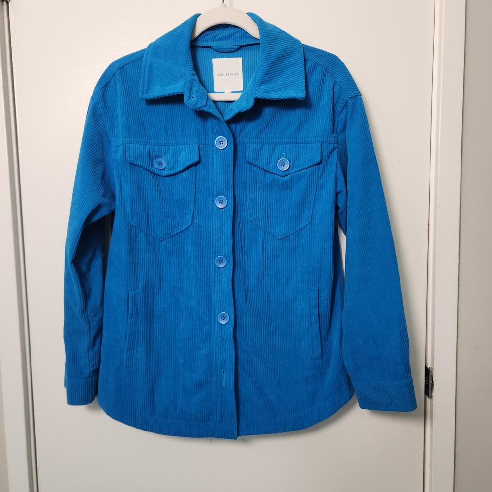 Avec Les Filles Corduroy Shacket Shirt Blue Button Up Size Small Pockets